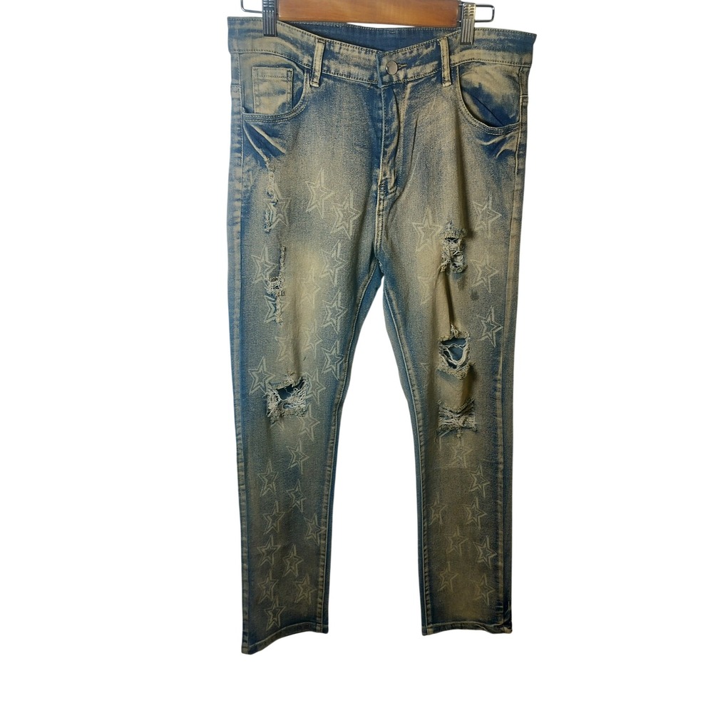 Amiri Star Print Distressed Jeans Blue Vintage Wash Ripped Denim Slim Fit 30x40